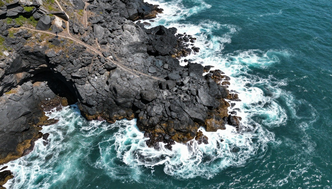 Aerial drone view looking straight down at a rugged Atlantic coastline with turquoise waves crashing against black volcanic rock