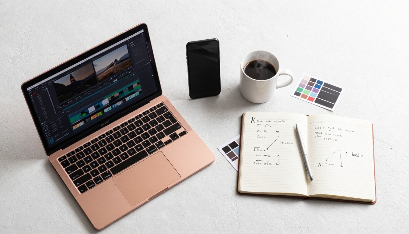 Aerial flat lay of a content creator workspace with MacBook, smartphone displaying a vertical video, and open notebook Aerial flat lay of a content creator workspace with MacBook, smartphone displaying a vertical video, and open notebook