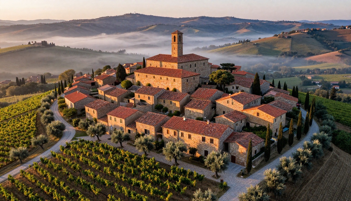 Aerial bird's-eye view of an ancient Tuscan hillside village at sunrise, terraced vineyards and morning mist in ultra-sharp 4K