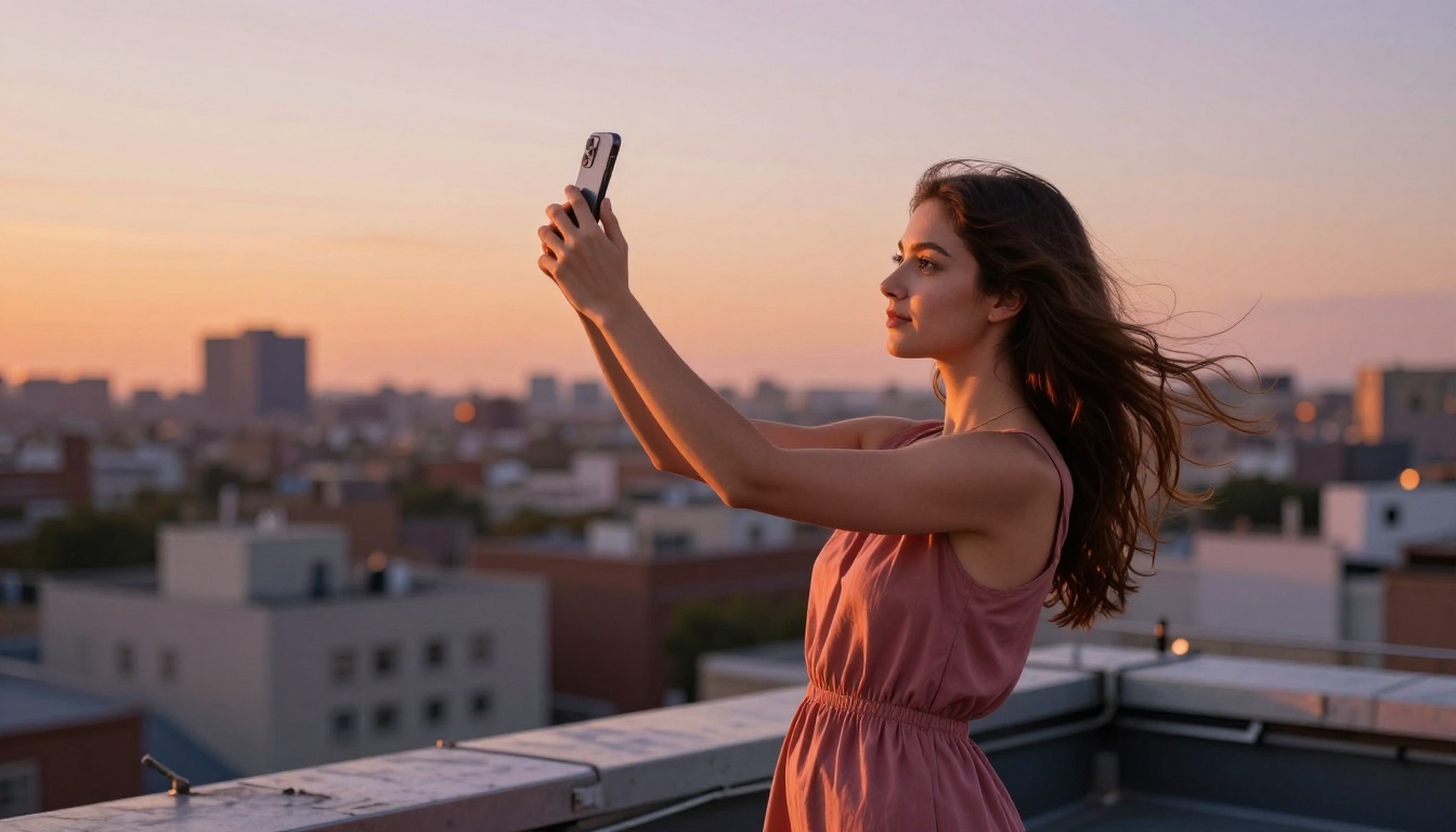 City rooftop selfie at golden hour with warm sunset tones