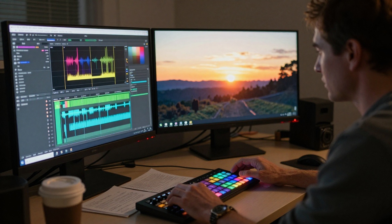 Video editor working at a dual-monitor workstation with colorful timeline and paused cinematic footage on the main display