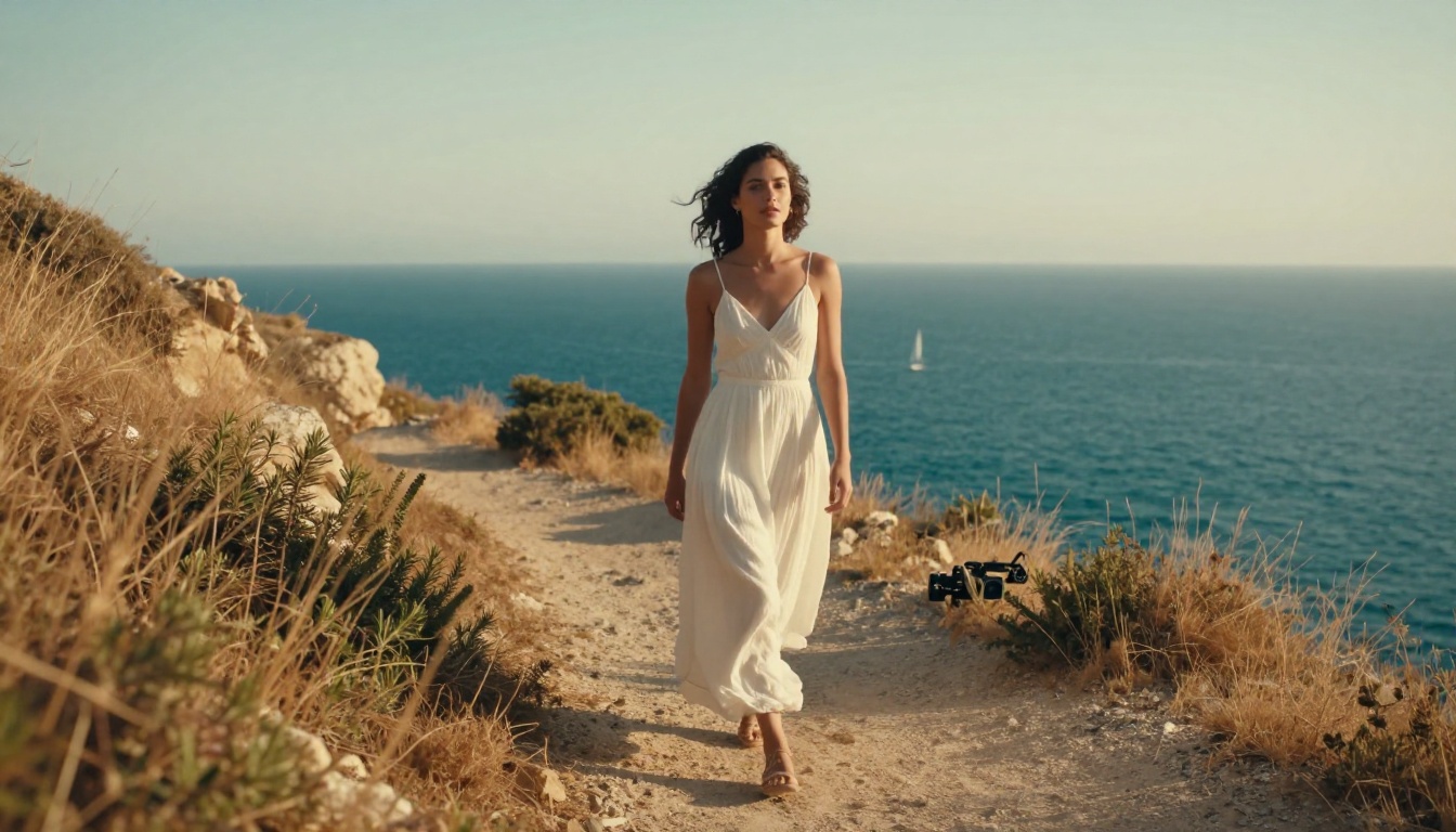 Cinematic wide-angle shot of a woman in a white dress walking along a Mediterranean coastal cliff path with turquoise ocean in the background Cinematic wide-angle shot of a woman in a white dress walking along a Mediterranean coastal cliff path with turquoise ocean in the background