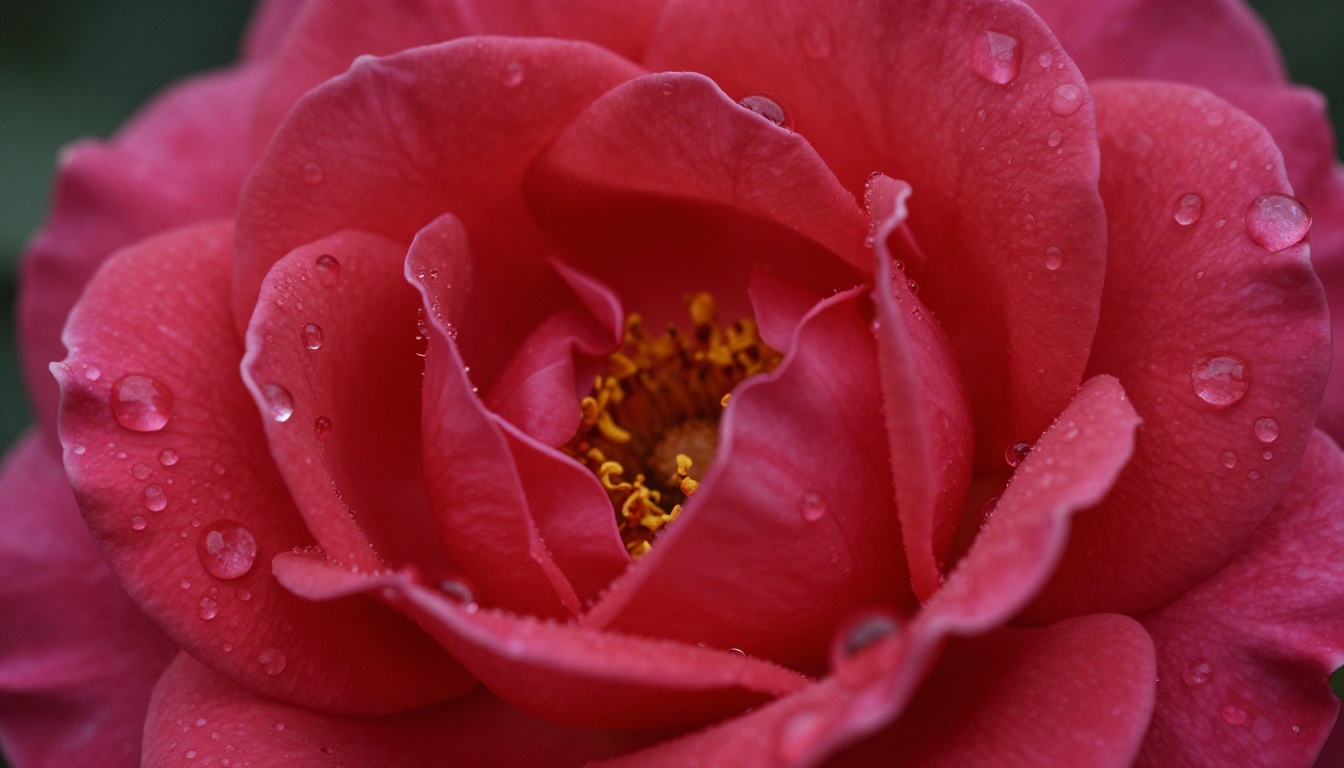 Macro extreme close-up of a dewy red rose, individual petal cells and spherical water droplets in perfect sharp focus