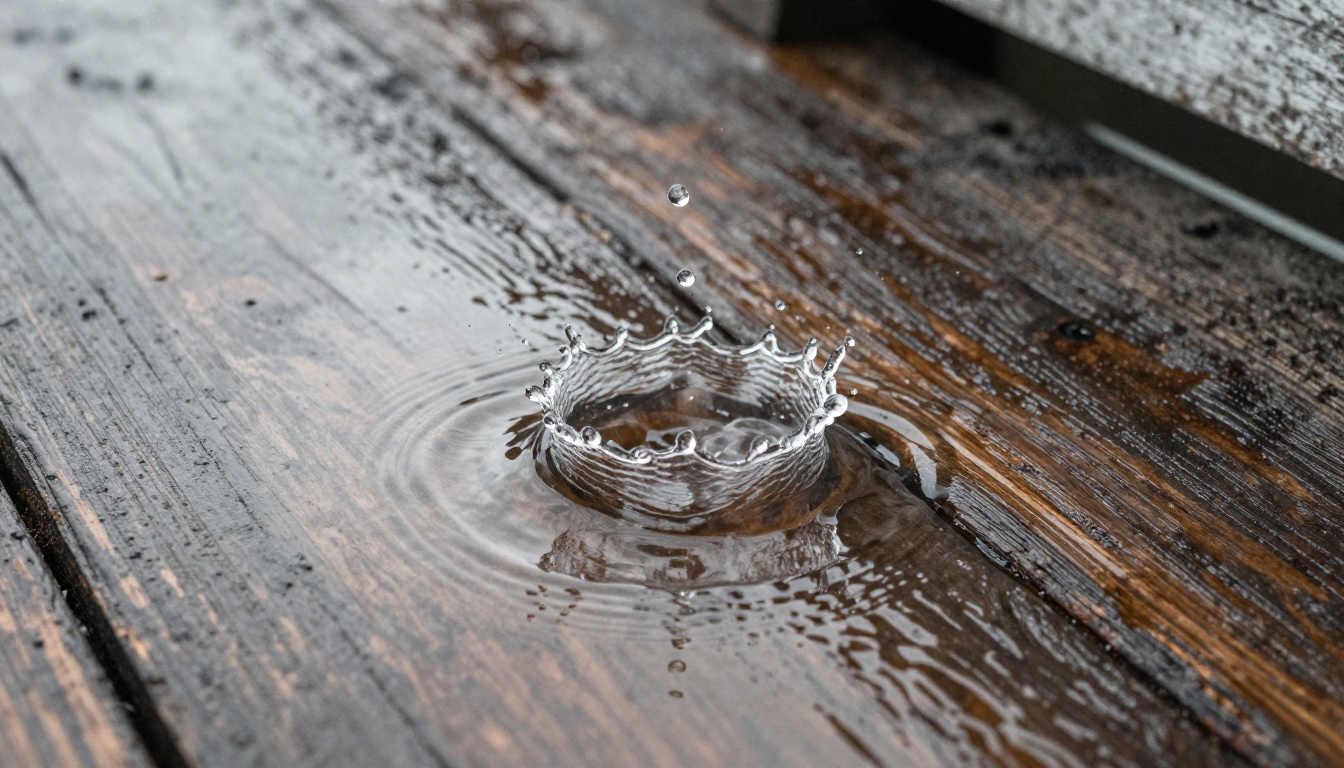 Ultra slow-motion close-up of a raindrop impact creating a perfect crown splash formation on a weathered wooden dock
