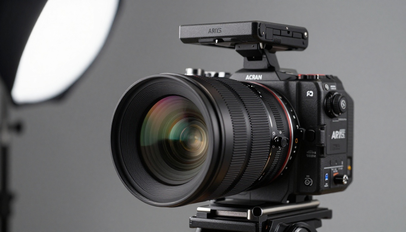 Close-up detail of a professional cinema camera showing the lens assembly and follow focus mechanism with precise metallic reflections