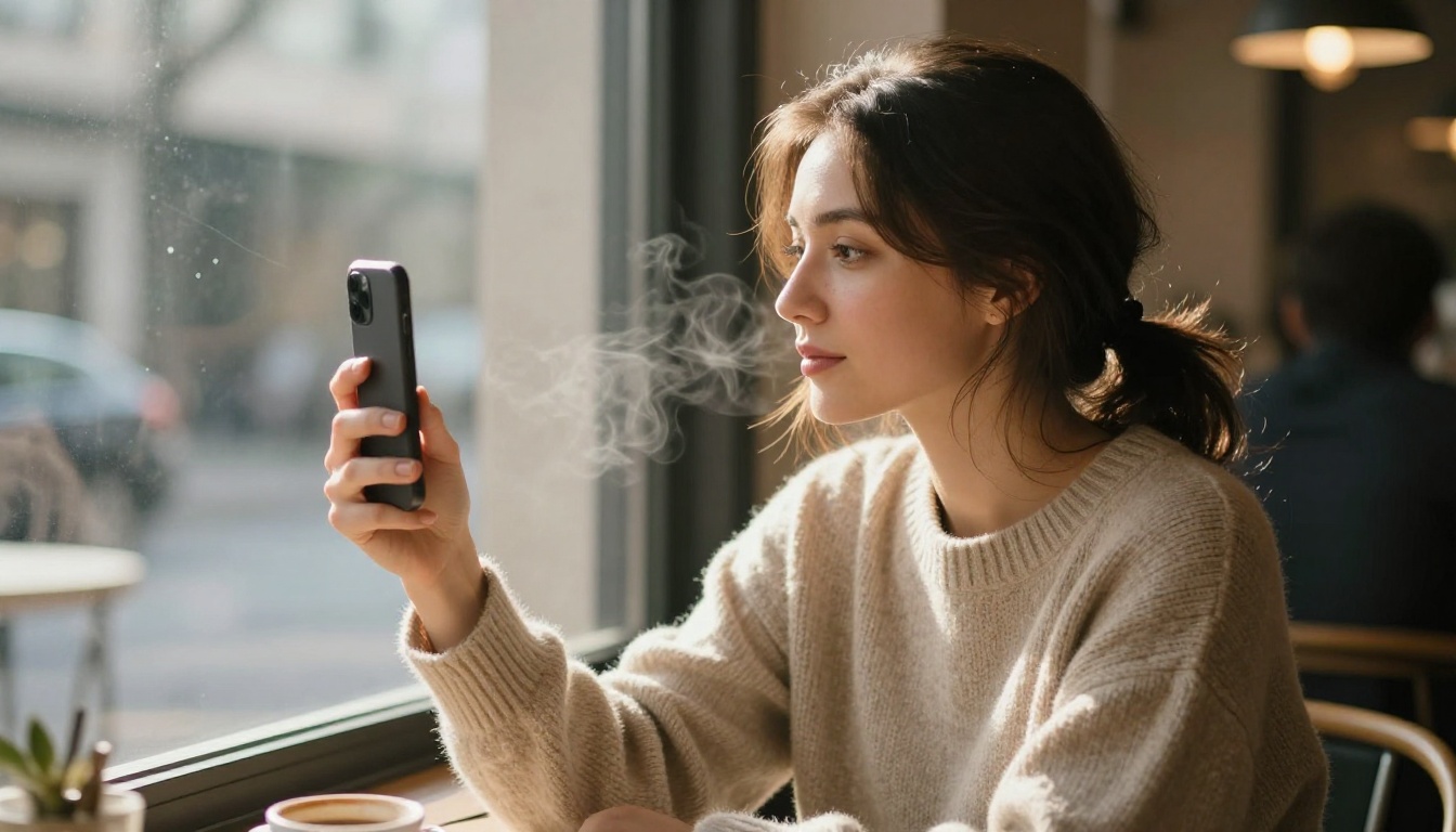 Cafe window selfie with warm morning light and atmospheric steam