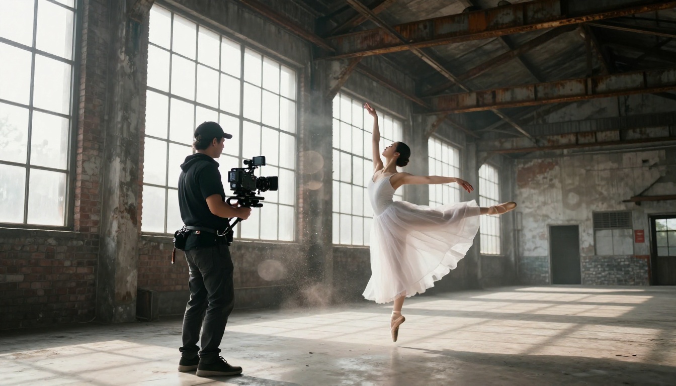 Cinematographer operating a gimbal filming a ballet dancer mid-leap in an industrial warehouse with dust particles in volumetric shaft lighting