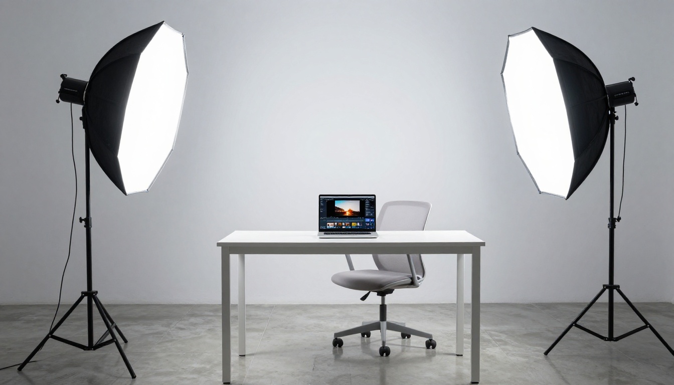 Professional photography studio with octagonal softboxes and a laptop showing a video generation interface on a white desk Professional photography studio with octagonal softboxes and a laptop showing a video generation interface on a white desk