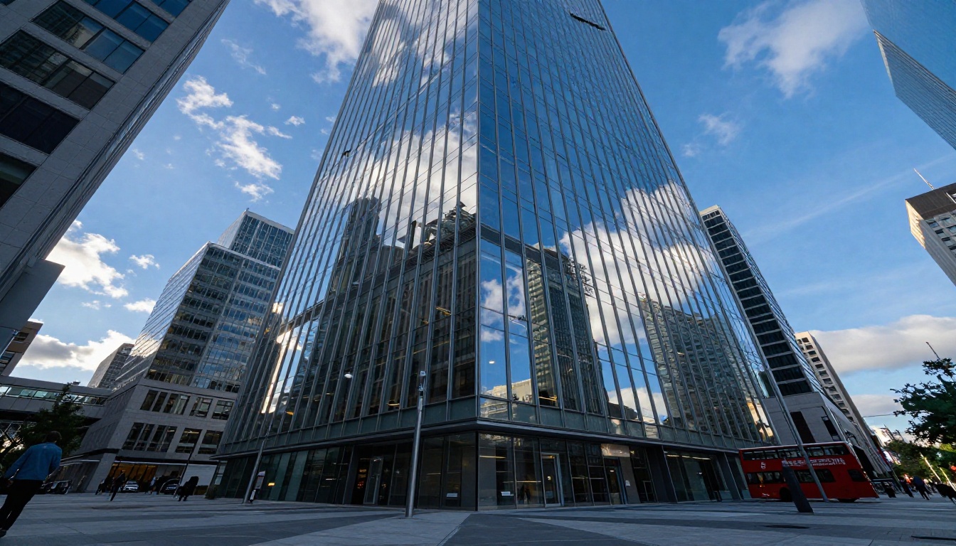 Dramatic low-angle shot of a glass skyscraper reflecting deep blue afternoon sky, sharp architectural 4K detail