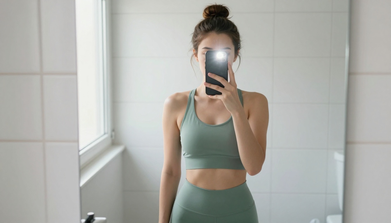 Mirror selfie in minimal bathroom with morning light
