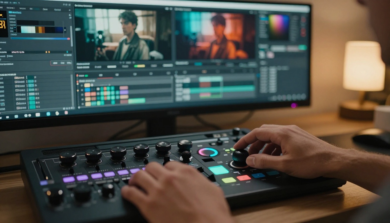 Professional colorist's hands adjusting a DaVinci Resolve color panel with a split-screen before and after cinematic grade on the background monitor