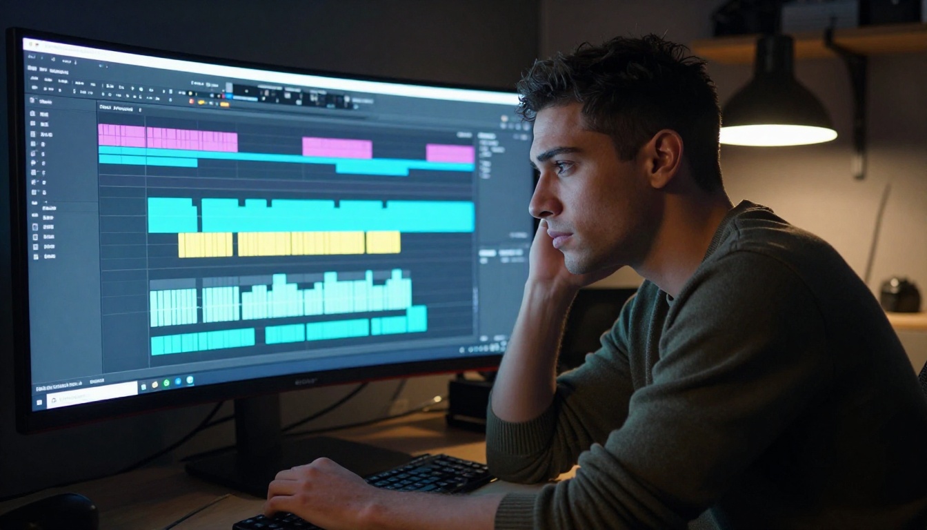Stylish man focused on a curved ultrawide monitor showing a multi-track video editing timeline with warm rim lighting