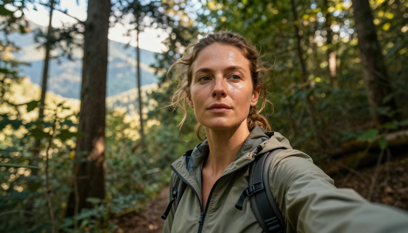 Hiking trail outdoor portrait with forest light and natural complexion