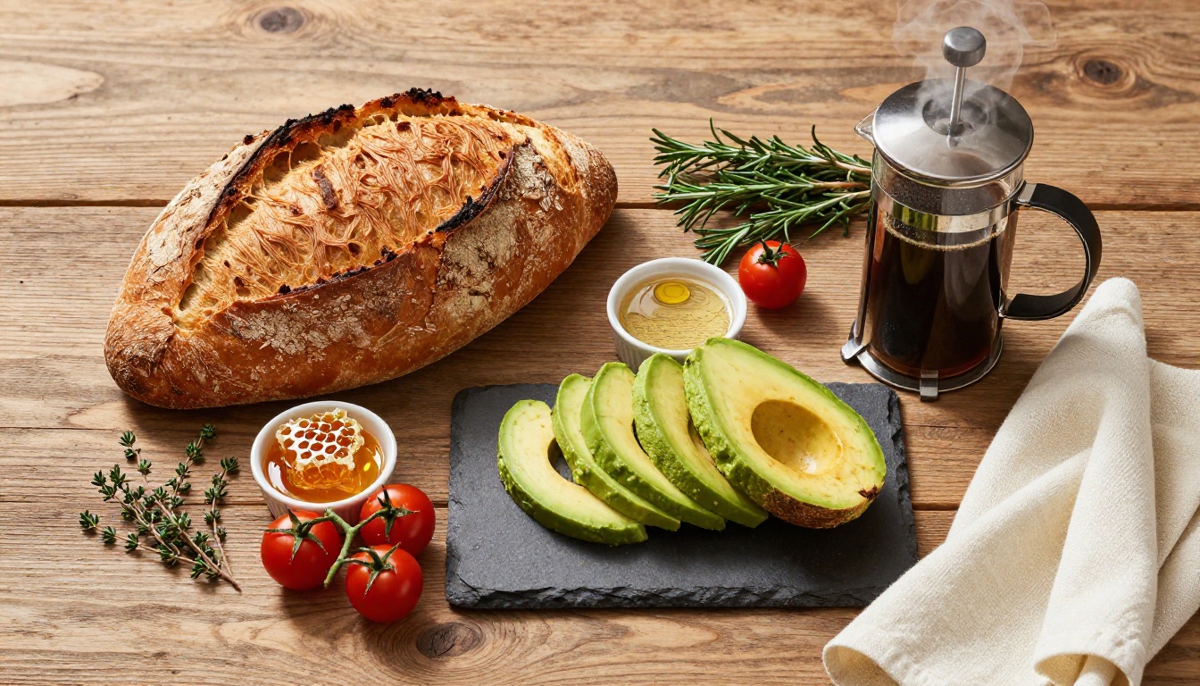 Overhead flat-lay of an artisan brunch spread on weathered oak, every surface texture from sourdough crust to coffee steam in sharp 4K