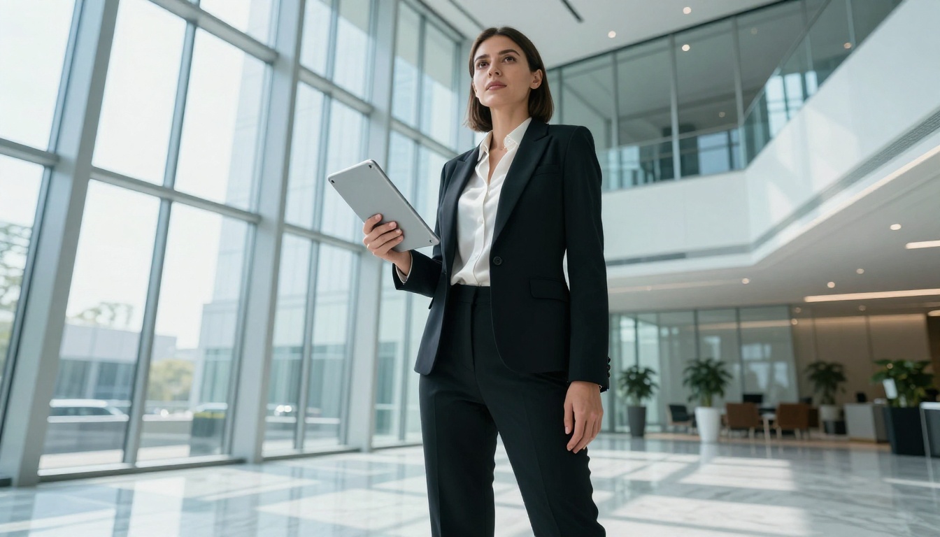 Dramatic low-angle shot looking up at a confident woman in a tailored black blazer holding a tablet in a glass-walled office