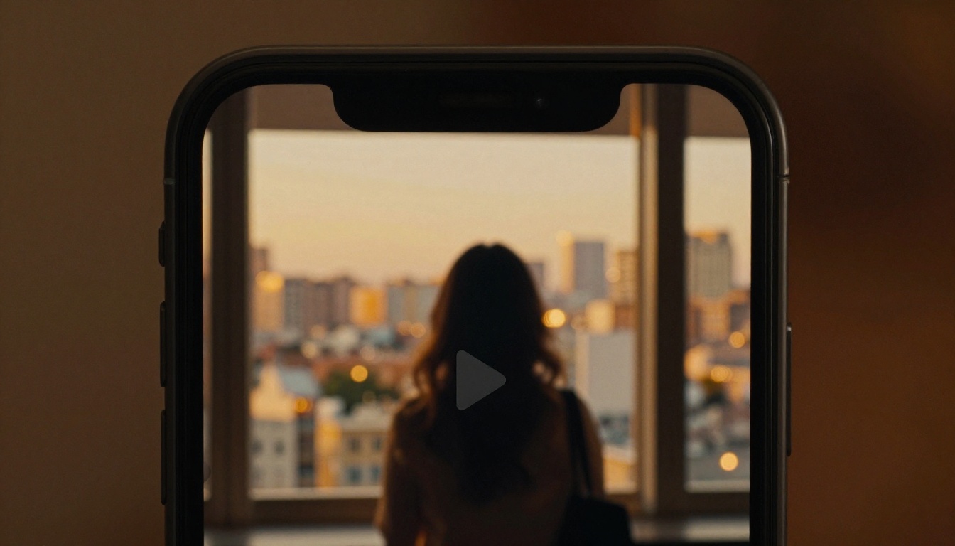 Macro close-up of a smartphone screen showing a vertical video interface with a cinematic golden-hour city frame