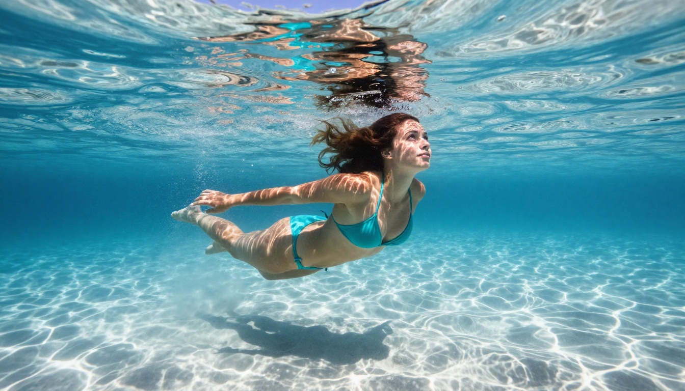 Woman in turquoise bikini floating underwater, dramatic sunrays refracting through crystal-clear Caribbean water in photorealistic 4K