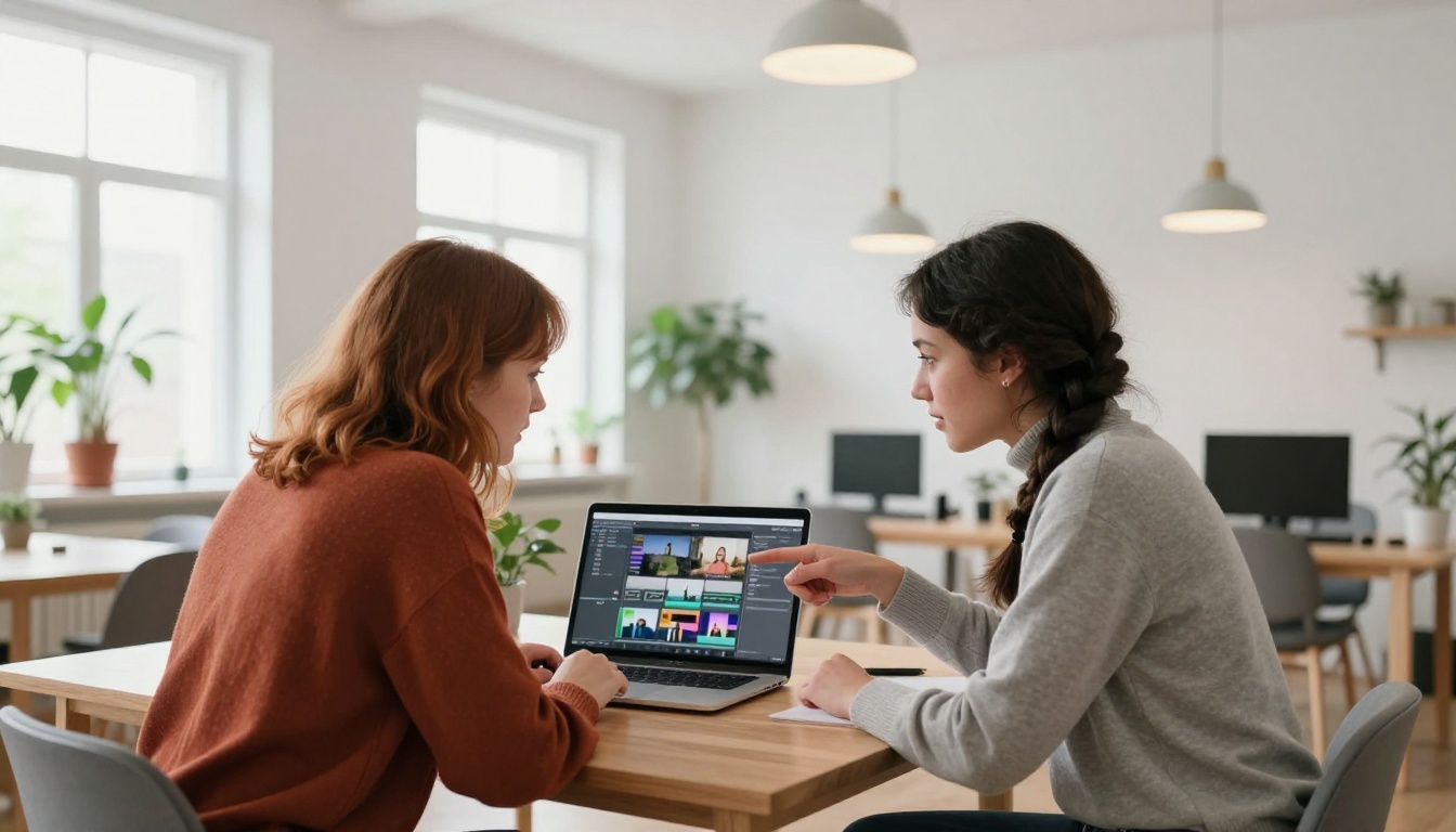 Two women collaborating over a laptop in a bright Scandinavian co-working space with natural light