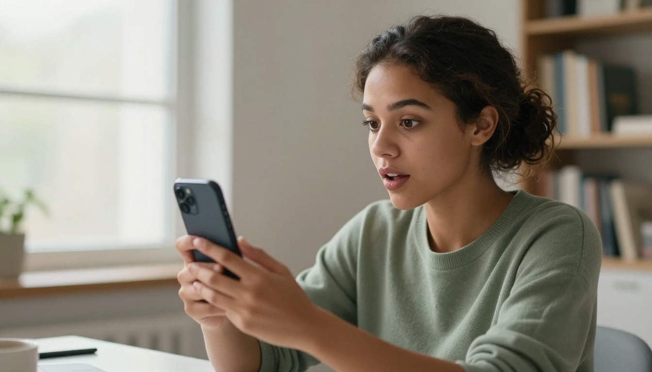 Woman comparing selfie vs AI-generated portrait on phone