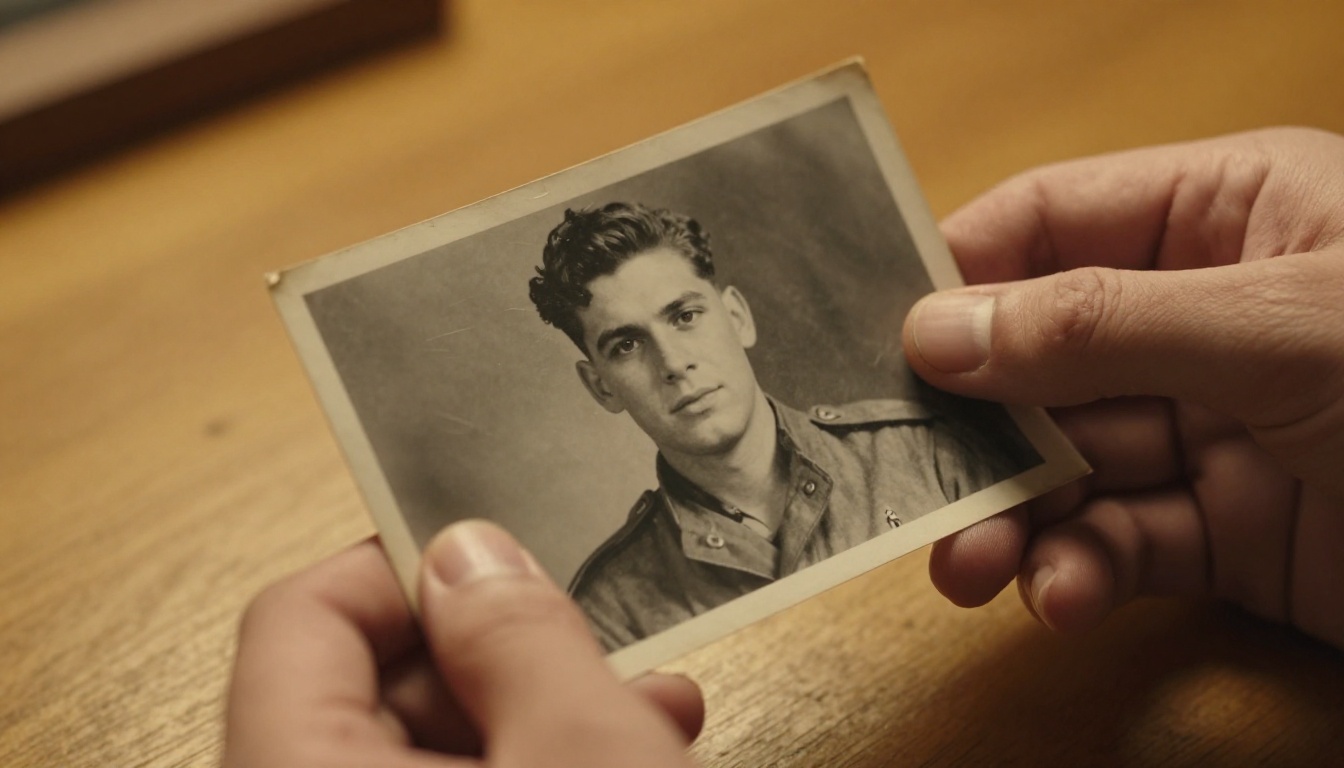 Person's hands holding an old wartime photograph beside a smartphone showing the animated result