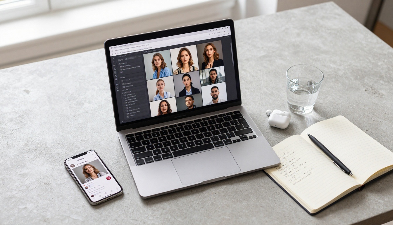 Creative workspace with laptop showing AI avatar variations
