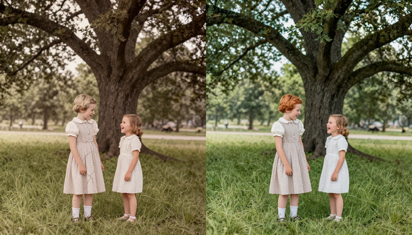 Split-screen comparison of original sepia family photo and colorized restored version