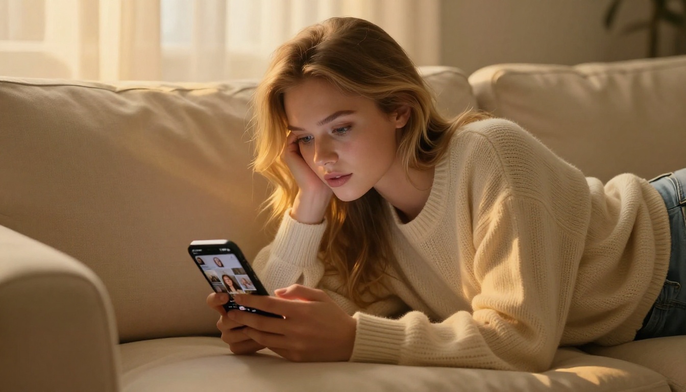 Woman scrolling Instagram with AI avatar as profile picture