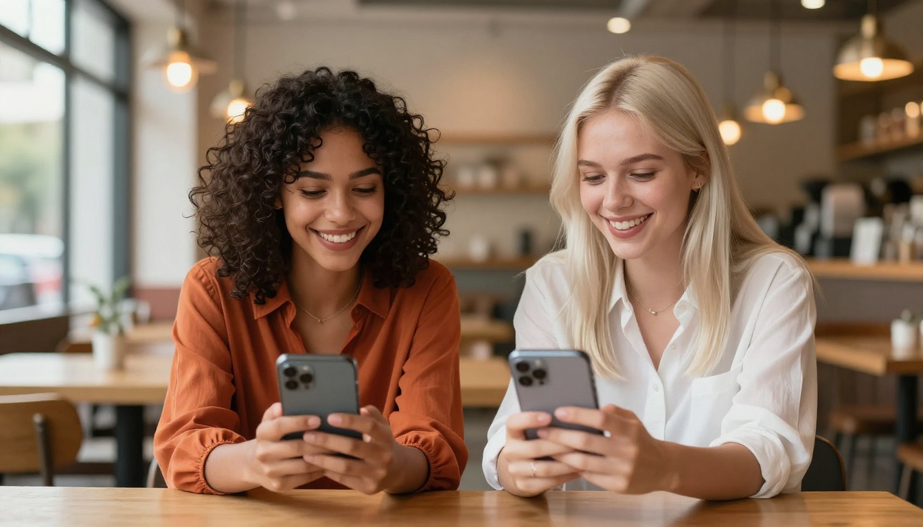 Two friends laughing comparing AI avatars at cafe