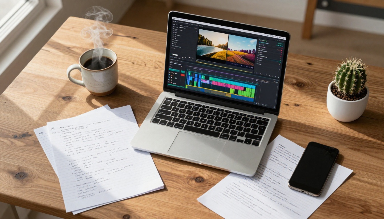 Aerial view of creative content workspace