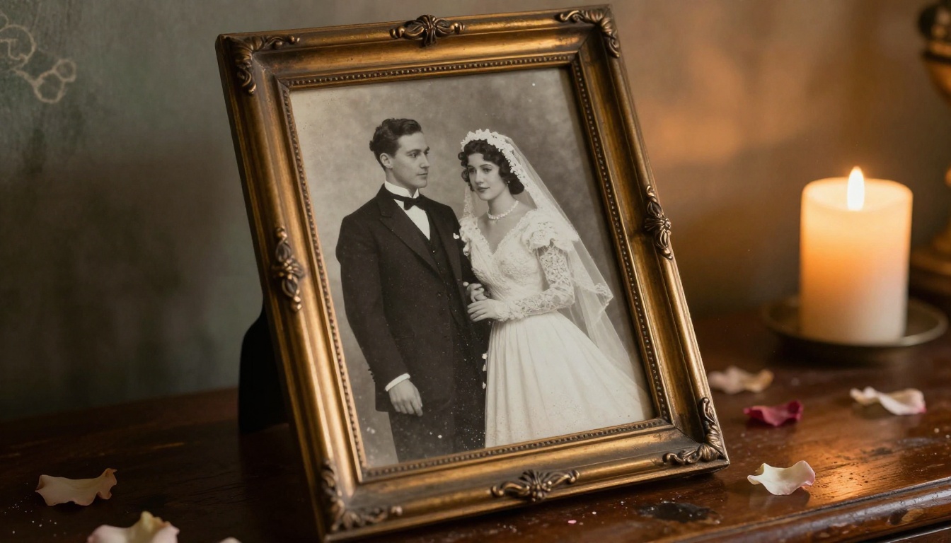 Vintage 1930s wedding portrait photograph propped against antique brass frame on weathered oak dresser