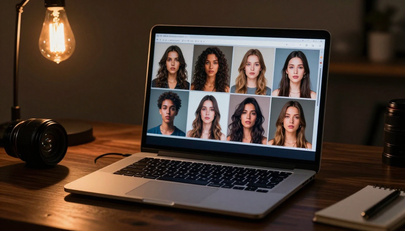 Laptop showing multiple AI avatar variations on screen