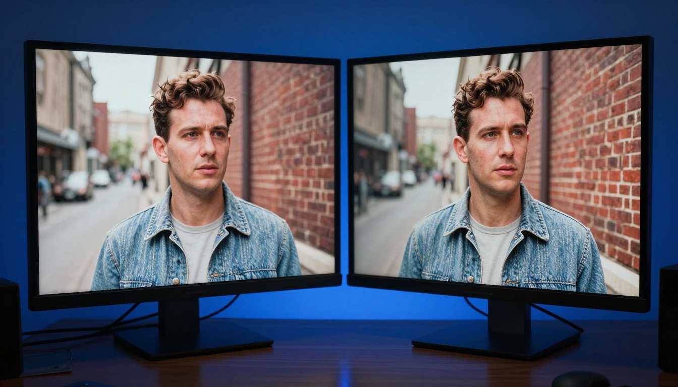 Monitor showing blurry old photograph on left panel and the same image upscaled to crystal clarity on right