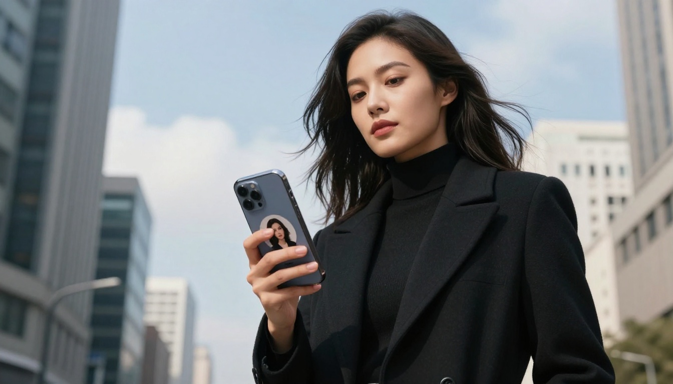 Confident woman in city street showing Instagram profile with AI avatar