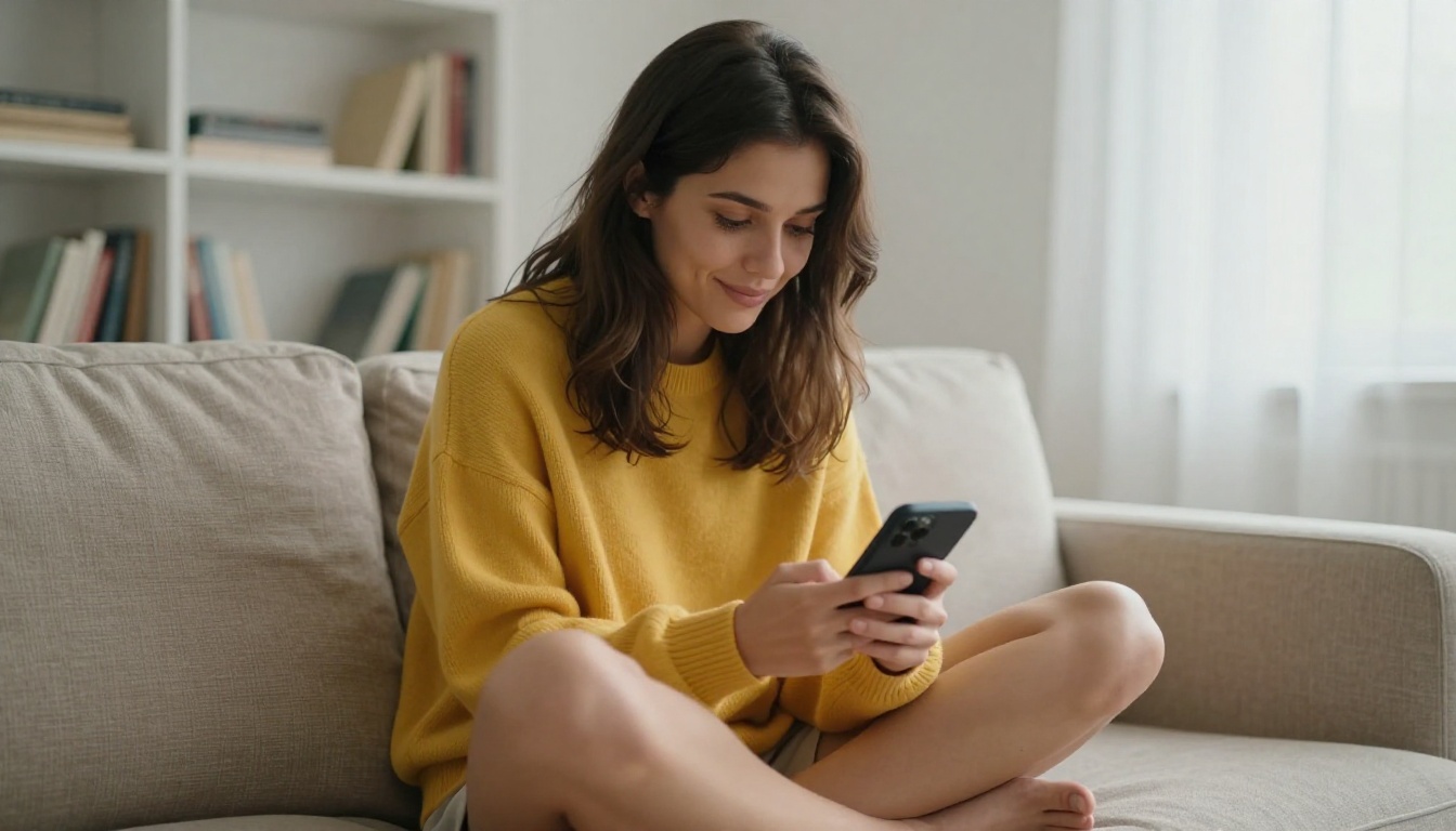 Woman watching short-form video content on phone at home
