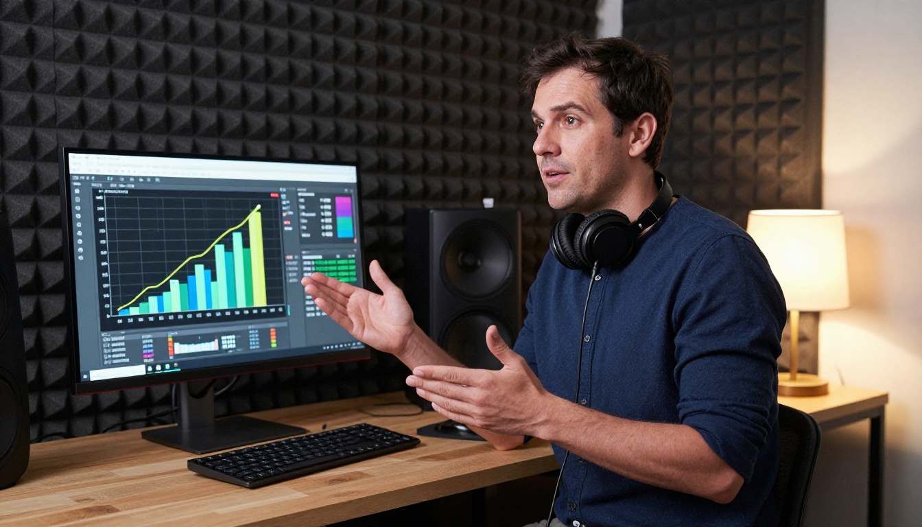Content creator reviewing video analytics on large monitor