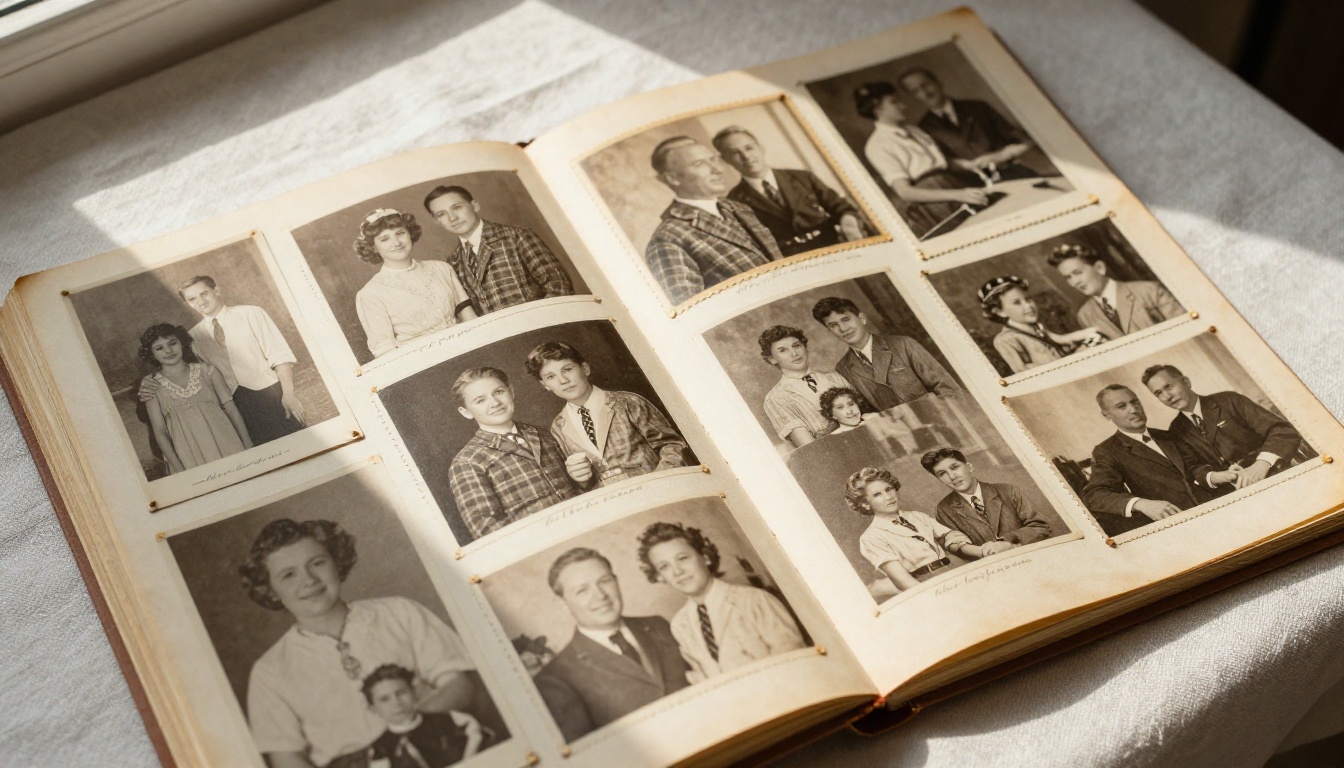 Open vintage photograph album on a sunlit linen tablecloth with sepia and black and white family photos