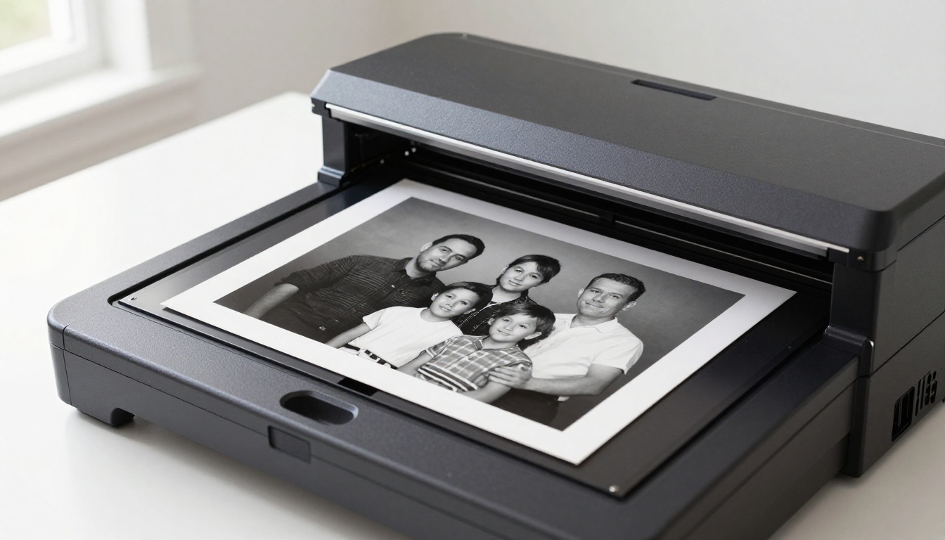 Flatbed scanner with black and white family portrait placed on glass scanning bed