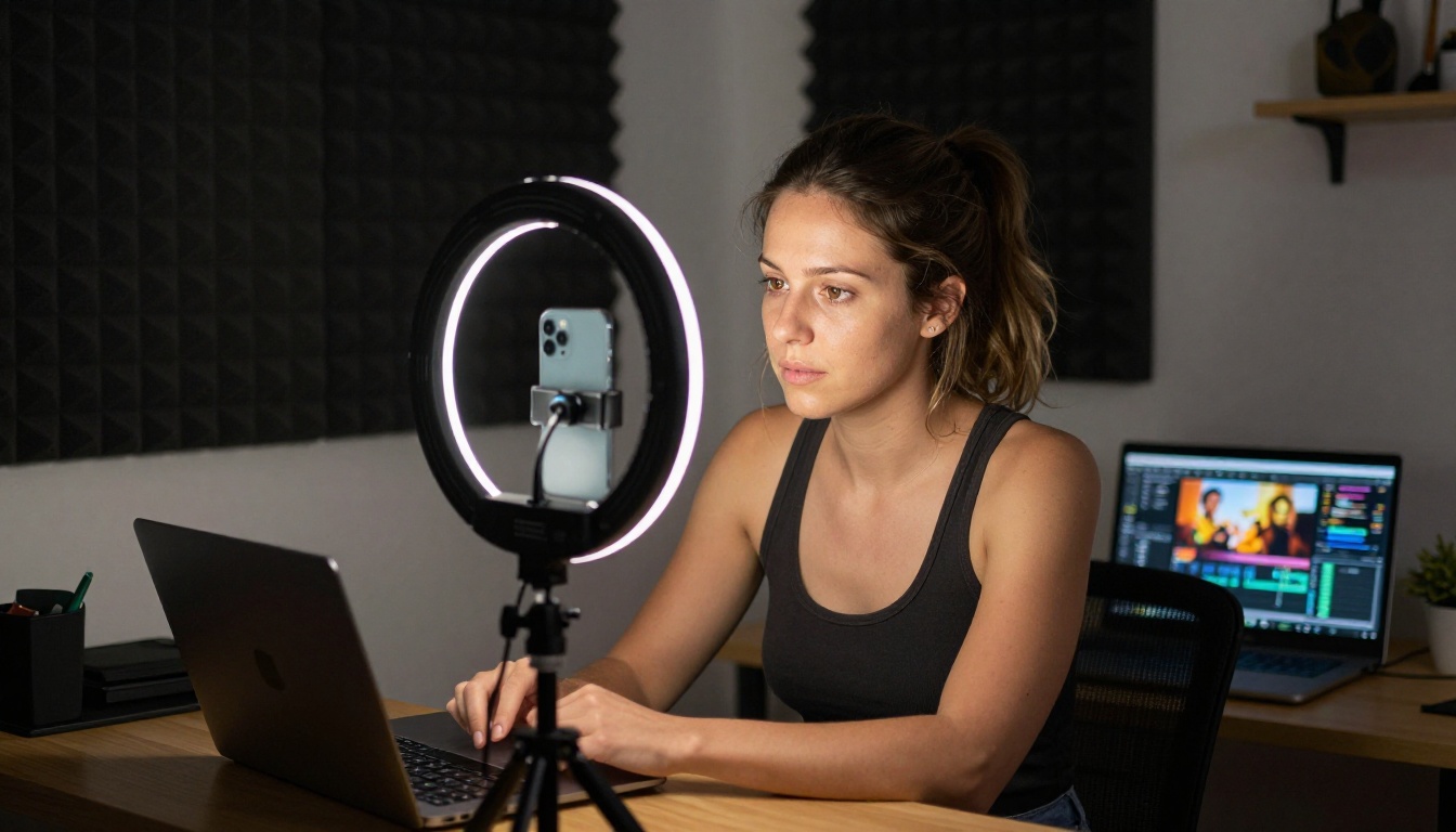 Female content creator adjusting ring light in home studio