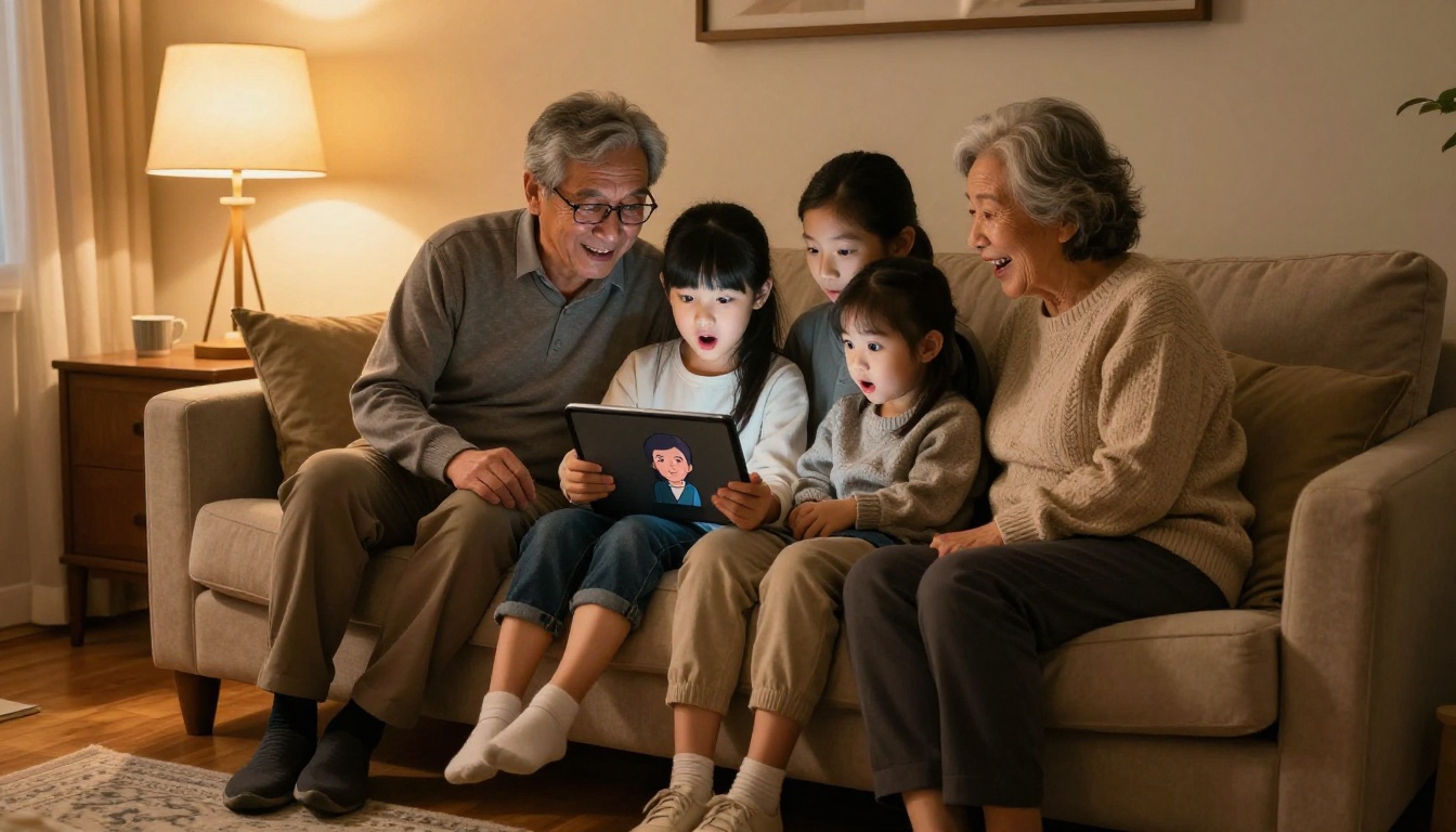 Multigenerational family of four watching animated old portrait on tablet together with expressions of joy