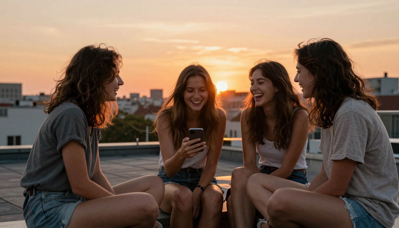 Three friends filming TikTok content on rooftop at golden hour