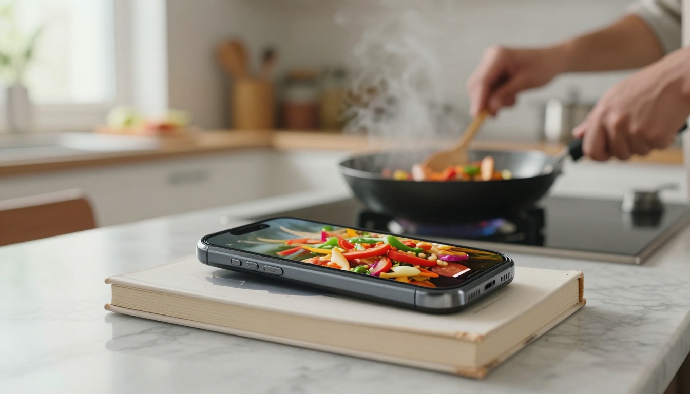 Smartphone filming cooking video on kitchen counter