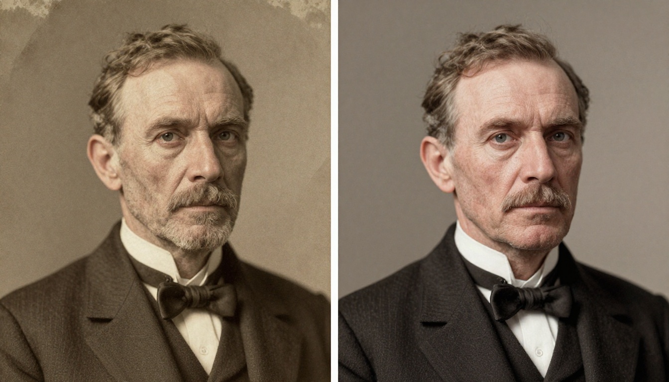 Dramatic before and after comparison showing deteriorated sepia portrait from 1920s fully restored with natural color and sharp detail