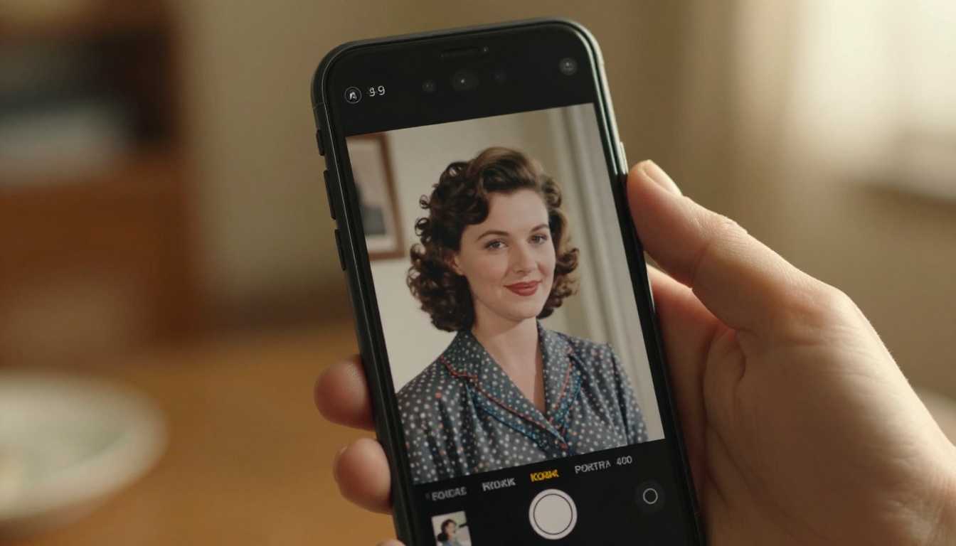 Close-up of a hand holding a smartphone sharing an animated old portrait video with warm home background