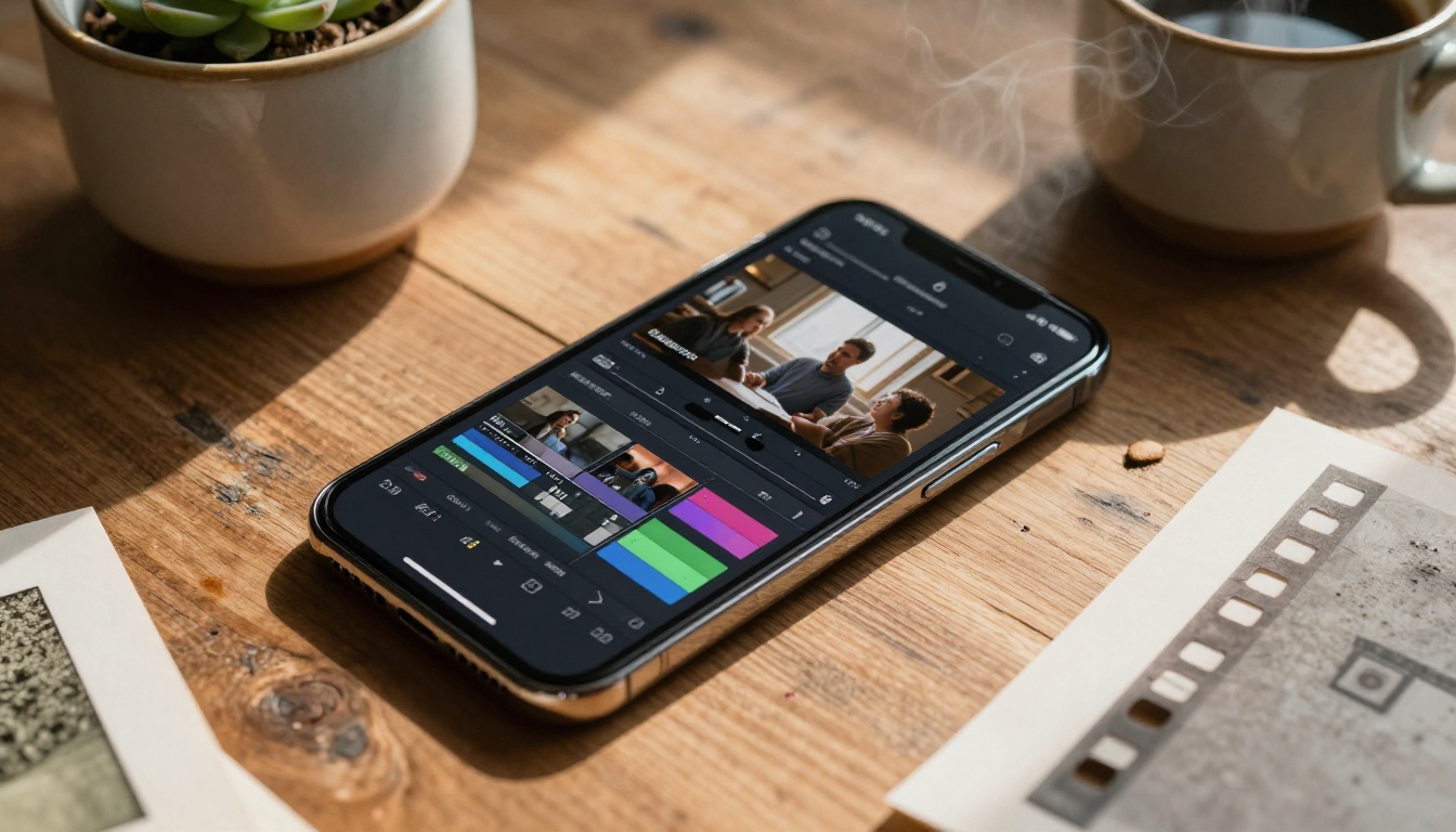 Mobile video editing setup with smartphone and coffee on wooden desk