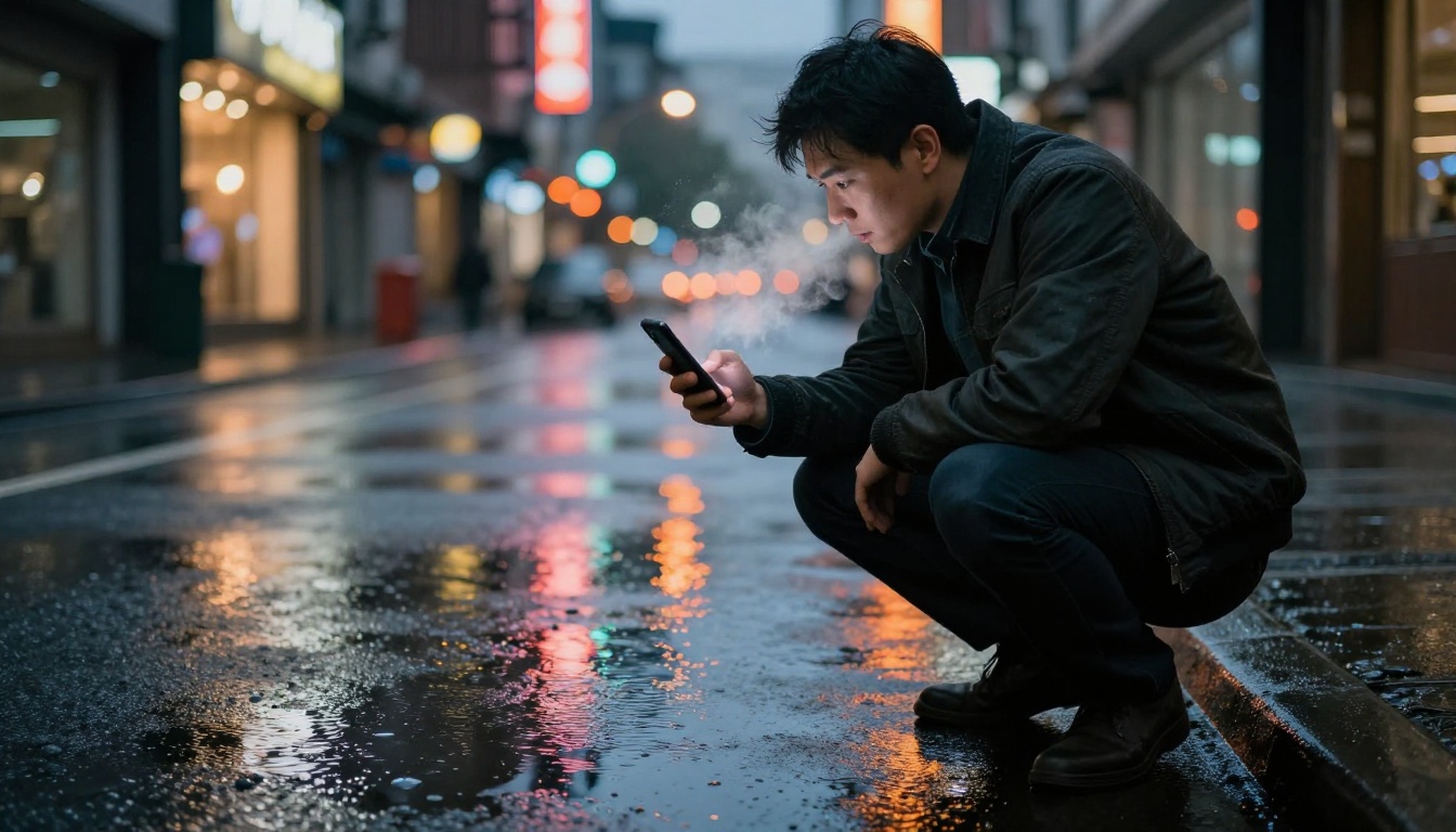 Photographer capturing cinematic night street reflections with smartphone at ground level