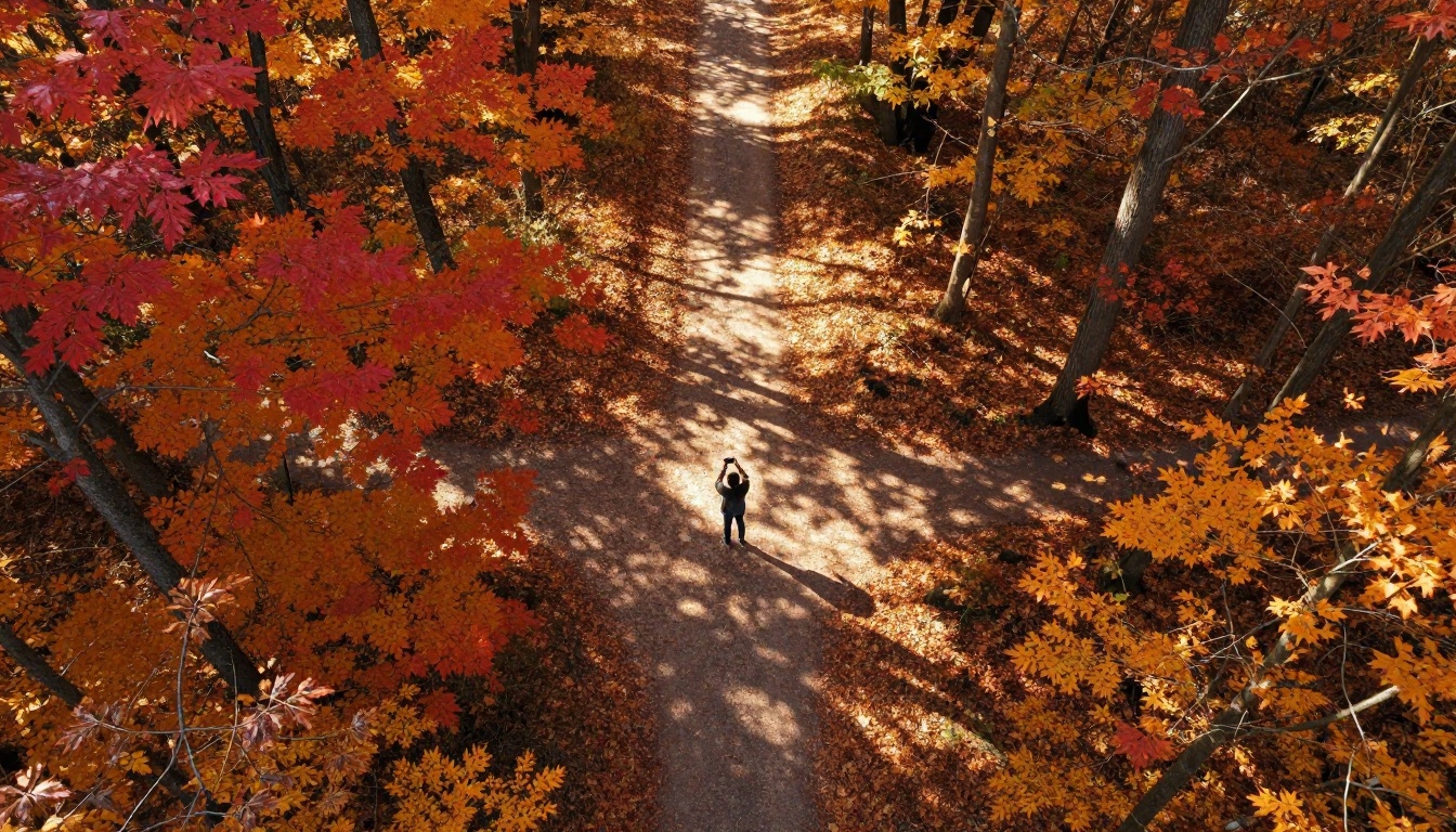 Aerial autumn forest path viewed from smartphone held upward