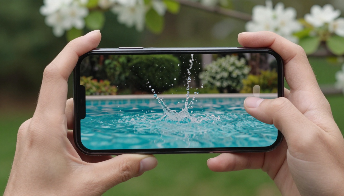 Slow motion water droplet capture displayed on smartphone screen held in hands