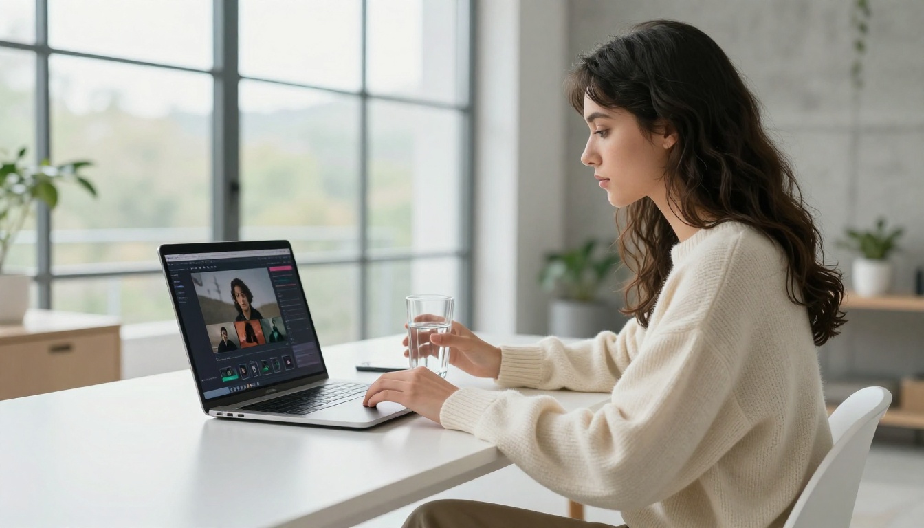 Woman working at laptop with AI video generation interface in sunlit studio