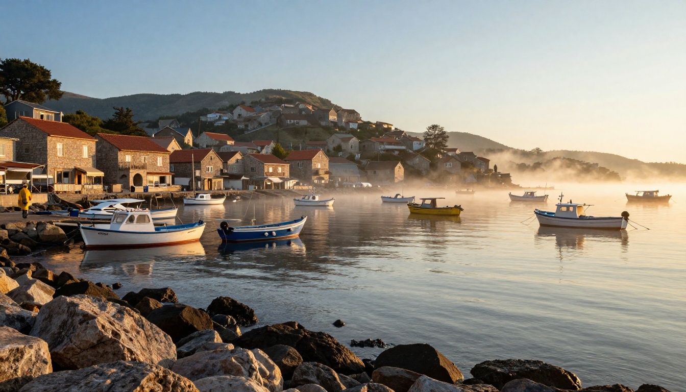 Seaside fishing village at blue-hour dawn with mist on harbor water