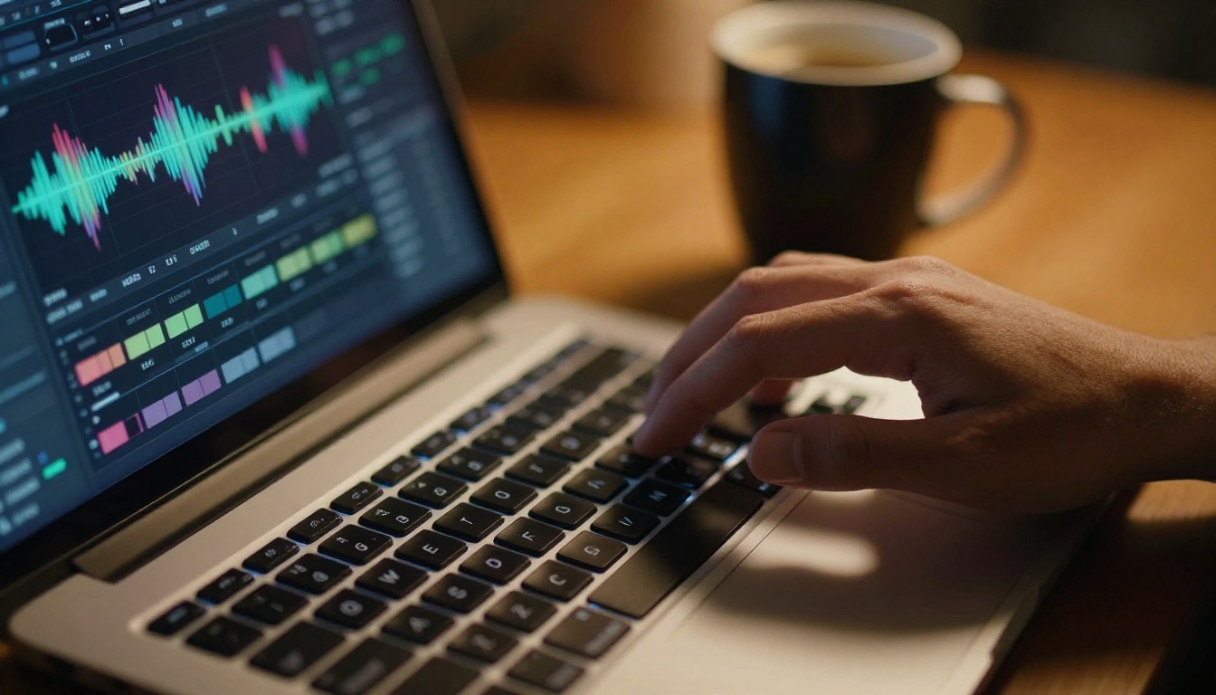 Hands typing on laptop with AI music generation interface